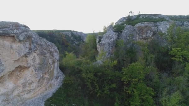 靠近风景如画的巨石 有树木和绿色的树叶 从岩石山顶上欣赏美妙的景色 — 图库视频影像