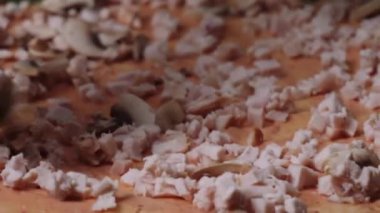 Pizza hazırlama Şef. Çerçeve. Yiyecek hazırlama. Pizza close-up pişirme.