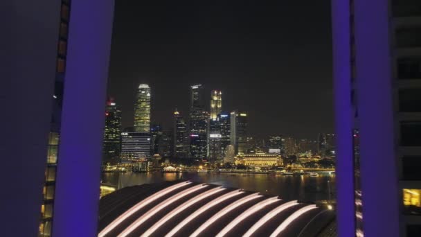 マリーナ サンズ ホテルの上を飛んでシンガポールのスカイラインの夜景します ショット 夜のシンガポールのスカイラインの航空写真ビュー — ストック動画