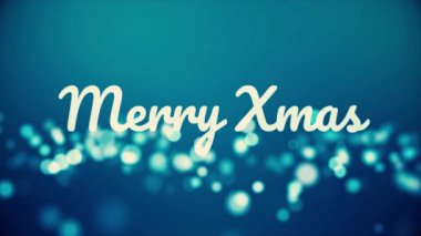 Neşeli Noel yazıt bulanık, neon harfler birçok mavi zemin üzerine yapılmış yuvarlak ışıklar, kutlama ve kış tatil kavramı. Sparkles uçan ile neşeli Noel ifade