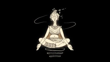 Soyut, parlayan, yukarı ve aşağı Buda lotus bulunduğu siyah arka plan üzerinde uçan. Sıraya yükselen çizimi Buda, Budizm din, sağlık, yoga kavramı