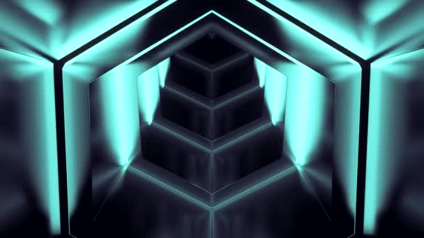 Выхожу Кибер Туннеля Дизайн Шестиугольный Туннель Неоновыми Линиями Металлической Поверхностью — стоковое видео