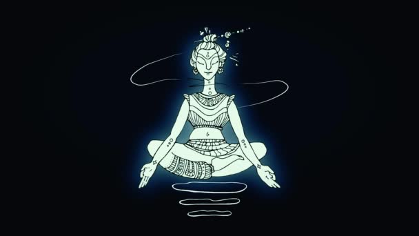 Abstrakt Leuchtend Auf Und Fliegender Buddha Lotusposition Auf Dunkelblauem Hintergrund — Stockvideo