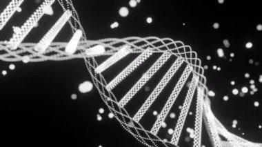 DNA sarmalı parlayan noktalarla döner. Tasarım. Sihirli noktaları olan güzel dönen DNA sarmalı. Parlayan noktalar DNA sarmalının etrafında hareket eder. 