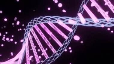 Noktalı DNA sarmalı dönüyor. Tasarım. Güzel DNA sarmalı sihirli parlayan noktalarla döner. Siber uzayda sihirli DNA sarmalı.