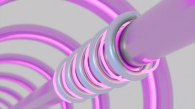 Metal boruları ve hareket eden spiralleri olan bir tünel. Tasarım. Dönen neon hatları olan tünele metal boru. Neon ve metal çizgiler tüneldeki borularda spiraller halinde hareket eder.. 