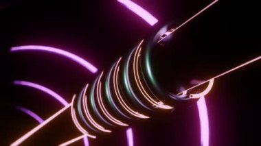 Pistonlu dönen tüplerin animasyonu. Tasarım. Çubuğun etrafında dönen boruları olan mekanik bir yapı. Metal borulu tünel ve hareket eden neon hatları. 