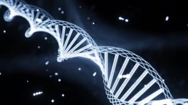 Parlayan DNA uzayda döner. Tasarım. DNA sarmalı hareket eden gen parçacıklarıyla döner ve parlar. Gen zincirleriyle DNA toplandı. 
