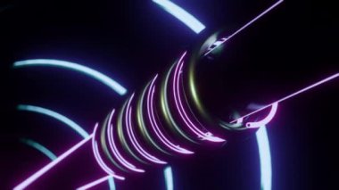 Pistonlu dönen tüplerin animasyonu. Tasarım. Çubuğun etrafında dönen boruları olan mekanik bir yapı. Metal borulu tünel ve hareket eden neon hatları. 