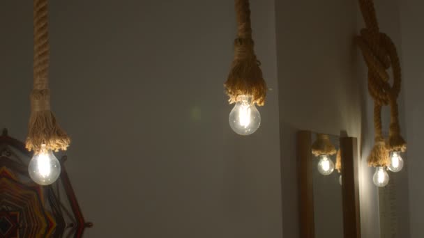 Burning Stylish Light Bulbs Decorated Ropes Media Stylish Hanging Bulbs — Stock Video