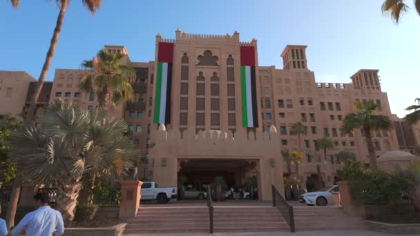 Large National Flag United Arab Emirates Building Action Sunny City — Stock Video