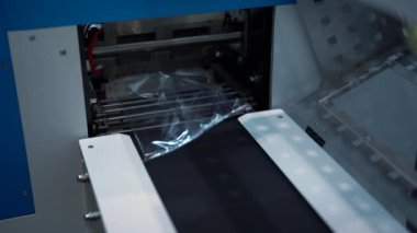 Tatlı hamur işleri paketleme hattı. Medya. Taze wafflelar taşıyıcı hat üzerinde selofan paketleme içine doldurulur