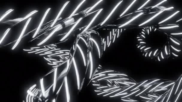 抽象的なねじれネオンモノクロロープを黒い背景にしました デザイン 白いネオン ストライプが付いている銀製の金属ロープ — ストック動画