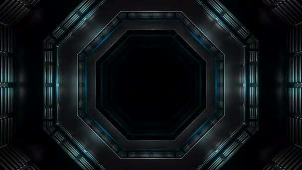 霓虹灯的飞行照亮了网络数据的六边形隧道 黑暗神秘的走廊 — 图库视频影像