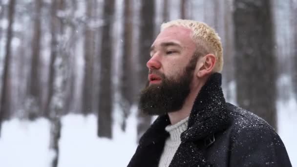 Fehér Férfi Elveszett Téli Erdőben Média Kétségbeesett Fiatal Hipszter Férfi — Stock videók
