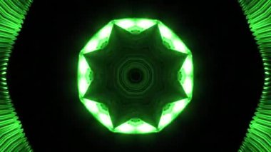 Çiçek şekilli fraktal parçalı kaleydoskop hareketi arka planı. Tasarım. Neon figürlerinin titreşimli hareketi