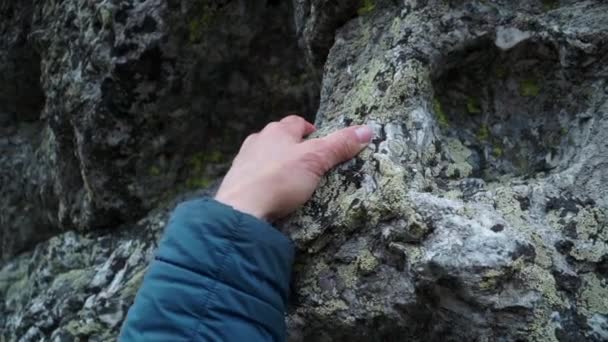 タッチ ロック 女性手触り感触 山の地形 クリップ 石に女性の手のひらを持つ旅行 トレッキング エコロジー — ストック動画