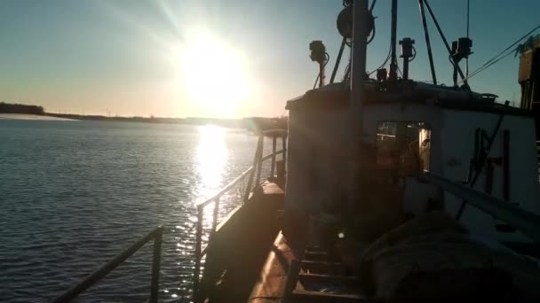 View Barge Ship Transporting Goods Clip Ship Rippling River Shining — Stock Video