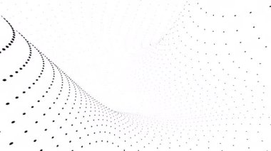 Uzayın kıvrımlarında hareket eden noktalarla üç boyutlu animasyon. Tasarım. Hareket noktalarının kıvrımlarının derinliğine sahip beyaz üç boyutlu boşluk. Siber uzayın kıvrımlarında hareket eden noktalar. 