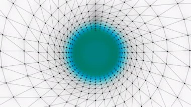 Izgaralı ve renkli bulutlu bir tünel. Tasarım. Şebeke ile üç boyutlu tünel ve beyaz arka planda parlak noktalı noktalar. Hareketli tünelin ortasındaki renkli nokta örgüden yapılmış.. 