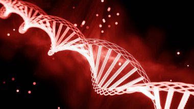 Parlayan DNA uzayda döner. Tasarım. DNA sarmalı hareket eden gen parçacıklarıyla döner ve parlar. Gen zincirleriyle DNA toplandı.
