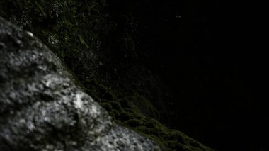 Düşen su damlalarıyla yosunlu dağ yamacı. Yaratıcı. Karanlık, büyük bir mağaraya girin.