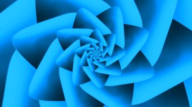 Çiçek yaprakları gibi görünen soyut geometrik solucan deliği. Tasarım. Güzel dönen mavi üçgen şekiller