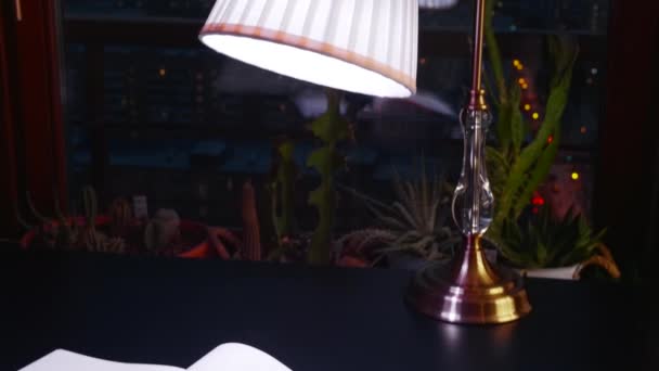 窓の前のリビングルームのランプ クリエイティブ バックグラウンドのテーブルと夜の街の空のランプ — ストック動画