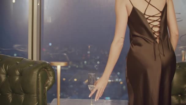 Vista Trasera Una Tierna Silueta Mujer Vestido Seda Marrón Medios — Vídeos de Stock