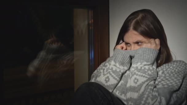 Young Woman Depression Window House Media Young Woman Sweater Sitting — Vídeo de Stock