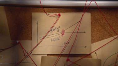 Fikir panosunda kırmızı iplik olan notlar. Stok görüntüleri. Üzerinde yazılar olan yakın çekim notları. Rebus ile birlikte. Gece ofisinde notları ve kırmızı ipliği olan gizemli karatahta..