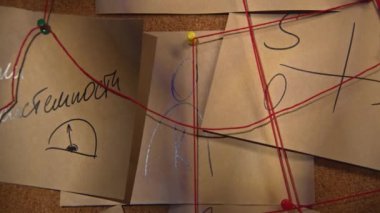 Gemideki notların yakın plan ışıklandırması. Stok görüntüleri. El feneri gemideki gizli notları ipliklerle aydınlatır. Gemide kırmızı iplikler gizemli notlarla kesişiyor.. 