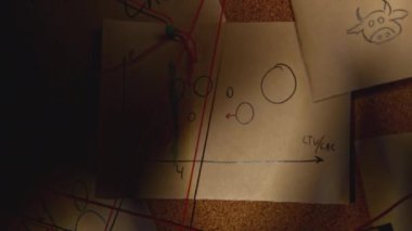 Bilmeceler ve notlar. Stok görüntüleri. Kırmızı iplikli notlarda mistik bulmacalar. Gece odasındaki tahtanın üzerindeki notlarda bilmeceler.. 