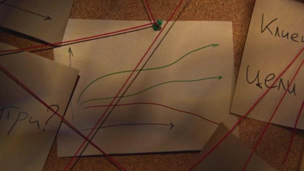 Board Notes Threads Stock Footage Rebus Notes Red Thread Close — Αρχείο Βίντεο