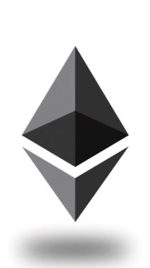 Beyaz zemin üzerinde tek renkli bir Ethereum logosu sergilenir. Simetrik üçgenler ve dikdörtgenler parlak ve modern bir tasarım oluşturur.