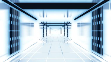 3 boyutlu koridor olumsuz. Tasarım. Beyaz duvarlı hareketli koridorun 3 boyutlu animasyonu. Bilgisayar alanında parlak beyaz duvarları olan psikedelik koridor.