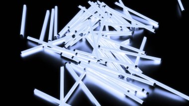 Parlayan 3D çubuklar düşüyor. Tasarım. Neon lambaları üç boyutlu uzayın yüzeyine düşer. Yüzeyde parlayan neon ışıkları.