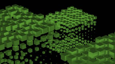 Dijital bulutlar gibi görünen soyut sıçrayan parlak küpler. Tasarım. Siyah arkaplanda parlak 3d küp şekiller