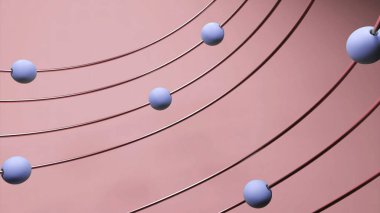 Metal çizgilerde yuvarlanan 3D toplar. Tasarım. Toplar metal şeritlerin yörüngesinde hareket eder. Çizgiler boyunca topların 3 boyutlu yapı hareketi.