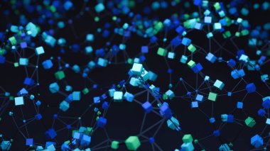 Uzayda hareket eden renkli 3d küpleri. Tasarım. Zincirleri uzayda 3 boyutlu küplere bağlamak. Küpler dalgalar halinde hareket eden ağa bağlıdır.