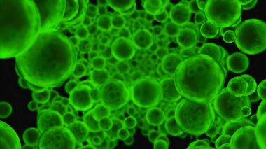 Yeşil yüzeyi pürüzlü, soyut düşen toplar. Tasarım. Yeşil yuvarlak parçacıkların sonsuz akışı