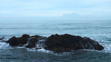 Arkaplan bulutlu ufukta hareket eden dalgalarla deniz taşları. Şarjör. Kaya kayaları bulutlu bir günde deniz kıyısında süzülür. Bulutlu havada kayalıklı güzel bir deniz manzarası..