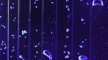 Renkli sıvı maddedeki hava kabarcıklarının su altı görüntüsünü kapat. Şarjör. Suda dikey kabarcıklar akıyor