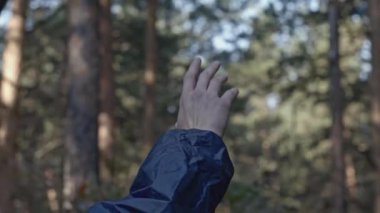 Havada el ele tutuşan genç adamın yakın çekimi. Hisse. Ormanda kollarını açmış bir adam. Adam esrarengiz bir şekilde el ele uzanıyor.. 