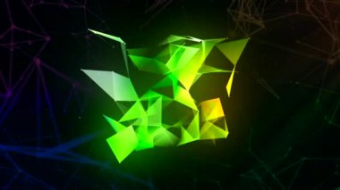 Geometrik çizgilerin 3 boyutlu küpü. Hareket. Kaotik geometrik çizgilerin holografik küpü. Çizgiler ve üçgenler küp içine bağlıdır.