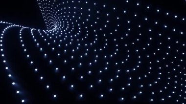 Siyah arkaplan. Tasarım. Canlandırmada beyaz ışık ve çizgilerle parlayan parlak mavi yuvarlaklar. Yüksek kalite 4k görüntü