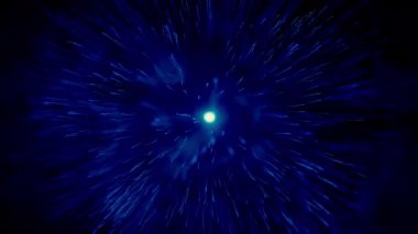 Mavi gökyüzündeki patlamadan önce soyut beyaz yıldız enerji ışınlarını emiyor. Hareket. Bulutlu gece arkaplanı, uzay tozu ve parlayan ışıklarla