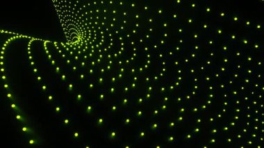 Aynı boyutta küçük noktalardan oluşan soyut ışıldayan fiber çizgiler. Tasarım. Siyah bir arkaplan üzerinde düzenli hareket eden küçük parçacıklardan oluşan eğilmiş satırlar