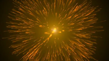 Siyah kozmik arka planda gerçekçi havai fişek patlaması. Hareket. Her tarafa yayılan ışık ışınları ile yıldız patlaması