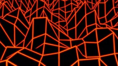 Siyah bir arkaplan üzerinde soyut hareketli dönüşümlü neon ızgarası. Tasarım. Dağlık yolun dağ siluetleriyle görselleştirilmesi